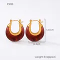 U-shaped gold finish earrings with red-brown marble resin inserts, size 2.3cm by 2.6cm - F998 Red Resin Gold Hoop