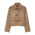 Veste courte femme en daim camel avec col à revers et poches boutonnées à rabat - XS / Camel