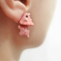 3D pink mushroom stud earrings with cute white dots and creative split-part design - Pink Dinosaur