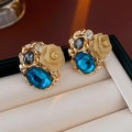 Vintage style gold earrings with blue oval gemstone and gray teardrop bead - Silver Earring Post Blue Gemstone Mesh Flower Earrings