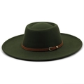 Detail of dark green wool fedora hat featuring a brown leather strap and metal buckle - M (56-58cm) / Army Green