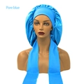 Royal blue satin hair bonnet with long adjustable straps for hair protection - Extra Large / Light Blue