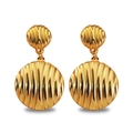 Golden stainless steel drop earrings with wave texture and round double disc design - Dual Stage Wavy Drop (FYD6178)
