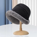 Winter knitted bear hat in black twill with thick grey plush brim on a wooden stand - Mongolian Hat-Black
