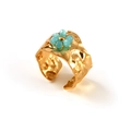 Minimalist 18K gold-plated stainless steel flower ring with blue beads and hammered texture - Adjustable Open / Blue