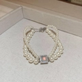 Double-layer pearl bracelet with square rainbow stone and silver lobster clasp - 63# Bracelet-White-Blue-Gold Plated