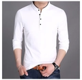 Detail of slim fit white cotton Henley shirt featuring a four-button stand collar and long sleeves - M / White