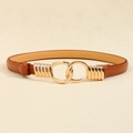 Elegant brown slim leather belt for women featuring a stylish gold metal buckle design - Geometric Buckle-Camel