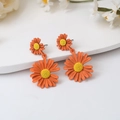 Orange and yellow daisy drop earrings with matte finish and silver needle posts - Orange Daisy Shape Dangle Earrings