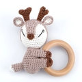 Handmade crochet deer rattle toy with natural wooden ring for baby teething and comfort - Hug Shy Deer