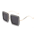 Square black sunglasses with glitter silver trim and gold wavy metal temples for women - Black Frame Grey Lens