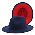 Detailed shot of fedora hat showing navy blue exterior and contrast red underbrim - M (56-58cm) / Navy + Red