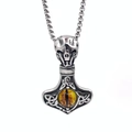 Close-up of Viking Mjolnir pendant with skull motif and yellow dragon eye stone inlay - With 60CM Chain / Yellow