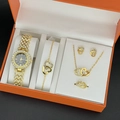 Elegant gold quartz watch set with heart-shaped jewelry in a premium orange gift box - A8 Black Dial With Gold Heart Design (plus Box)