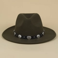 Olive green fedora hat with star embossed metal studs and black band detail - M(56-58cm) / Green