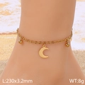 Golden stainless steel crescent moon anklet worn on ankle at a sunny beach - Gold Moon Style (KJ4477-Z)