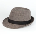 Close-up of brown and white mixed weave fedora hat with a classic black ribbon band - Adjustable / Coffee Marl