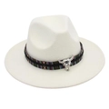 Detailed macro view of white felt fedora hat with ethnic woven band and bull skull charm - Cream White (Colored Steer)