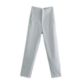 Detailed flat lay of light grey high-waisted casual trousers with straight cut and pockets - XS / Light Blue Zircon