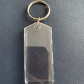 Rectangular clear acrylic photo keychain with silver metal ring on blue leather - Sliding Slot Style 7.5x3.2cm