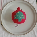 Red wool felt Christmas ball ornament featuring a green tree pattern and hanging loop - 8cm Plush Ball 01 (1 Pc)