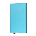 Macro view of light blue RFID aluminum card holder with automatic pop-up sliding mechanism - Blue