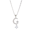 Silver necklace with moon and star pendant and hanging round transparent stone - Star Moon Waterdrop Silver (K-850)