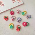 Set of 10 elastic hair bands with cute resin fruit and animal shapes for girls - Strawberry Red Flower (16#) / 10 Pieces Pack
