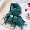 Close-up of dark green cashmere-style scarf with fringe on a cozy beige coat - Lake Blue