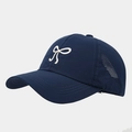 Detail of navy blue quick-dry sun hat showing side mesh vents and bow embroidery - Navy Blue