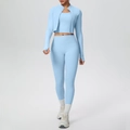 Three-piece light blue yoga set with thumb-hole jacket, sports vest, and high-waist leggings - Sky Blue