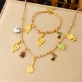 Bohemian woven jewelry set with golden music note guitar pendants and heart beads - Music Theme Brown White Rope Set (N3611B1789)