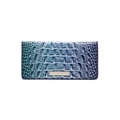 Teal gradient crocodile embossed long leather clutch wallet with gold metal accent - Peacock Blue + Blue