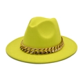 Detail of neon green wool fedora hat with a chunky decorative gold metal chain link - M (56-58cm) / Neon Yellow