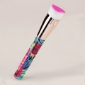 Detailed macro view of dual-tone synthetic bristles and tropical floral print brush handle - Heart Shaped (Gold Tube Floral Handle)