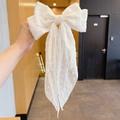 White oversized bow hair clip with polka dot embroidery and long flowing ribbons - Polka Dot White