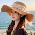 Women straw sun hat with white lace and pearl accents for beach vacation protection - Large Brim Pearl Khaki