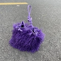 Y2K punk style purple faux sheep fur bucket bag with drawstring and knot handle - Deep purple