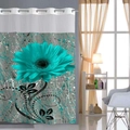 Detail view of waffle fabric shower curtain with large teal daisy and metal grommets - 181x188cm / Cyan Daisy - Curtain Only