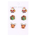 3-Paar Weihnachts-Ohrstecker Set aus Holz mit Weihnachtsmann, Geschenk und Rentier Motiv - Geschenkbox Und Weihnachtsmann (5834)