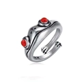 Retro frog open ring in antique silver finish with red stone eyes and textured skin - Retro Silver Red Eye Frog Style (dz784)