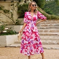 Robe longue à col en V, imprimé floral, manches bouffantes et taille cintrée, rose violet - Rouge (Floral Rose Violet)
