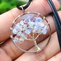 Silver tree of life pendant with translucent lilac natural stones and black rope cord - Opalite