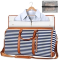 Dettaglio borsa porta abiti in tela a righe blu con finiture in pelle marrone e scomparto - Strisce Blu Reale + Beauty case