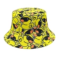 Detailed close-up of yellow bucket hat with cartoon duck prints and fine edge stitching - M (56-58cm) / Trendy Sunglasses Duck