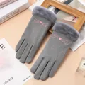 Gants d'hiver thermiques gris pour femmes avec fourrure et broderie de cœur rose - Taille unique / Cœur-Gris (Double Épais)