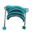 Cute striped cat ear beanie in teal and dark grey with star tassels and knit texture - Light Blue Black Stripes