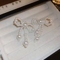 Elegant silver needle bow pearl earrings with dangling pendants in a soft jewelry box - 15# Silver Pin - White (Bowknot Pearl)