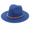 Detail of dark blue Panama hat with colorful beads, silver rhinestones and tassel accents - One Size / Sapphire Blue