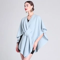 Light blue knit shawl poncho cardigan for women with a stylish front knot design - One Size / Light Blue